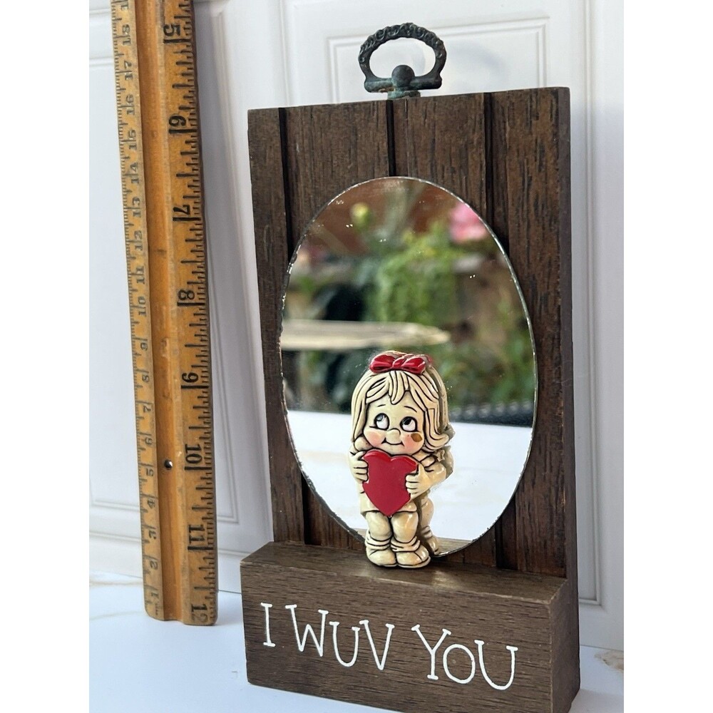 Vintage 1970s I Wuv You Wood Mirror Girl Heart Kitsch Valentine Wall Decor